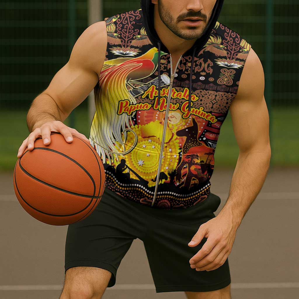 Personalized Australia and Papua New Guinea Together Sleeveless Zip Hoodie Kangaroo Aboriginal Art and Bird-of-paradise Oro Tribal Motifs - Polynesian Pride