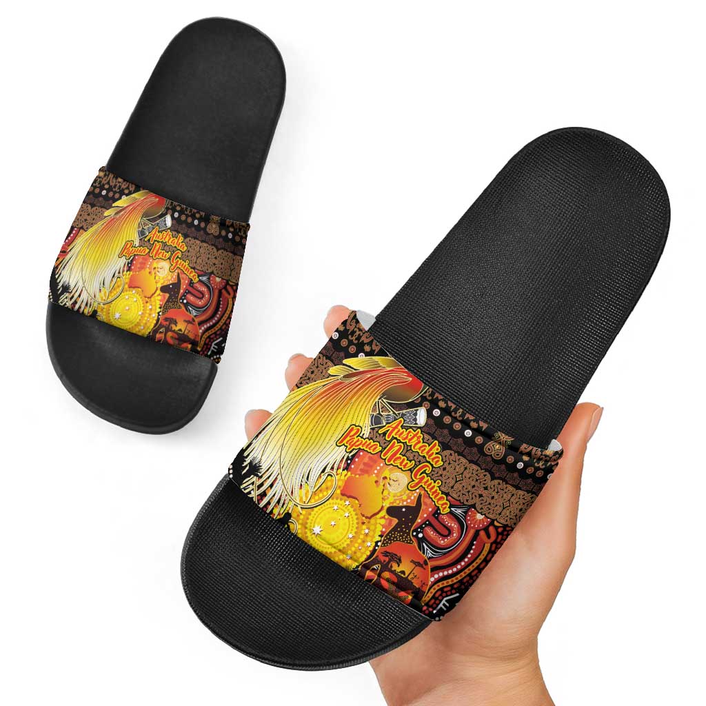 Australia and Papua New Guinea Together Slide Sandals Kangaroo Aboriginal Art and Bird-of-paradise Oro Tribal Motifs LT03 - Polynesian Pride