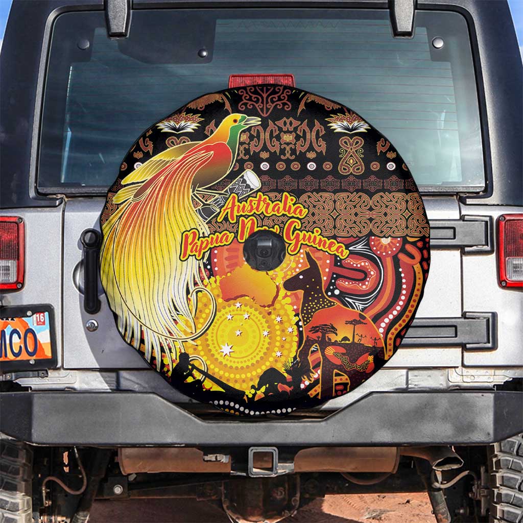 Australia and Papua New Guinea Together Spare Tire Cover Kangaroo Aboriginal Art and Bird-of-paradise Oro Tribal Motifs - Polynesian Pride