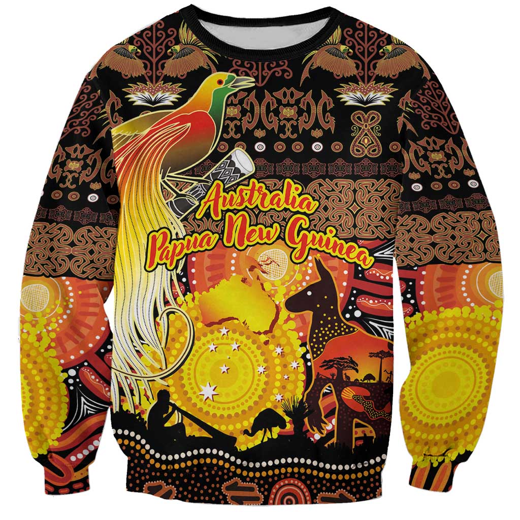 Personalized Australia and Papua New Guinea Together Sweatshirt Kangaroo Aboriginal Art and Bird-of-paradise Oro Tribal Motifs - Polynesian Pride