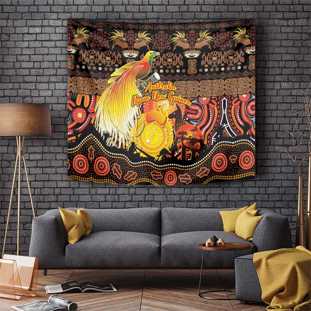 Australia and Papua New Guinea Together Tapestry Kangaroo Aboriginal Art and Bird-of-paradise Oro Tribal Motifs - Polynesian Pride