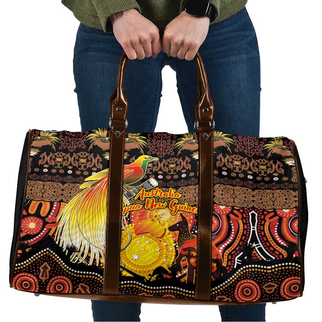 Australia and Papua New Guinea Together Travel Bag Kangaroo Aboriginal Art and Bird-of-paradise Oro Tribal Motifs LT03 Black - Polynesian Pride