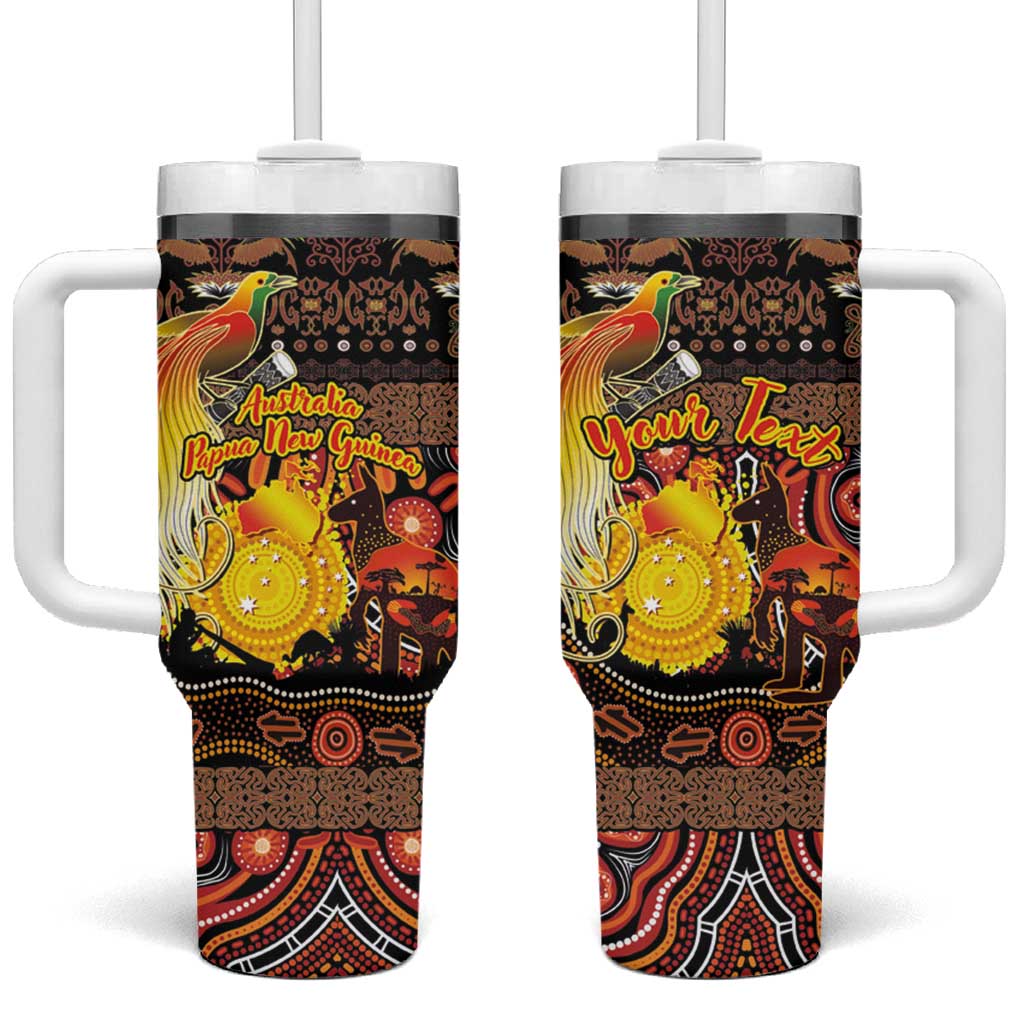 Personalized Australia and Papua New Guinea Together Tumbler With Handle Kangaroo Aboriginal Art and Bird-of-paradise Oro Tribal Motifs - Polynesian Pride