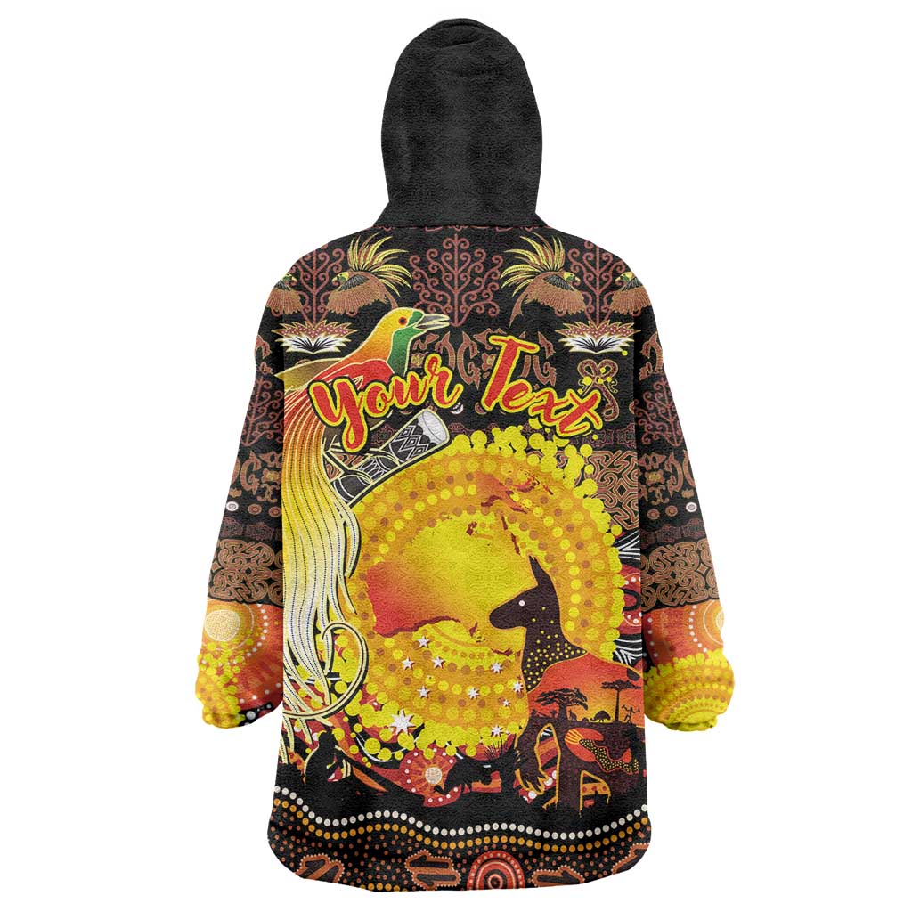 Personalized Australia and Papua New Guinea Together Wearable Blanket Hoodie Kangaroo Aboriginal Art and Bird-of-paradise Oro Tribal Motifs - Polynesian Pride