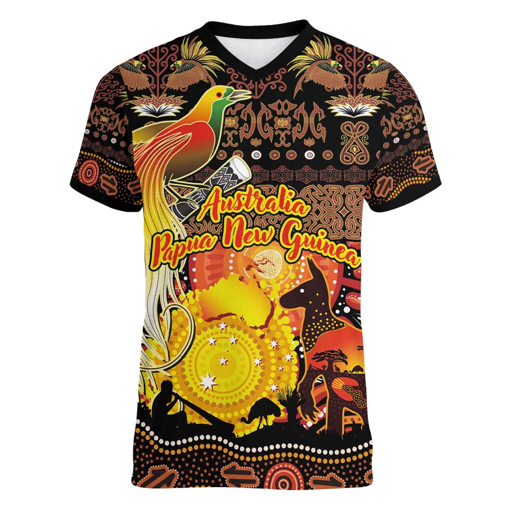 Personalized Australia and Papua New Guinea Together Women V-Neck T-Shirt Kangaroo Aboriginal Art and Bird-of-paradise Oro Tribal Motifs - Polynesian Pride