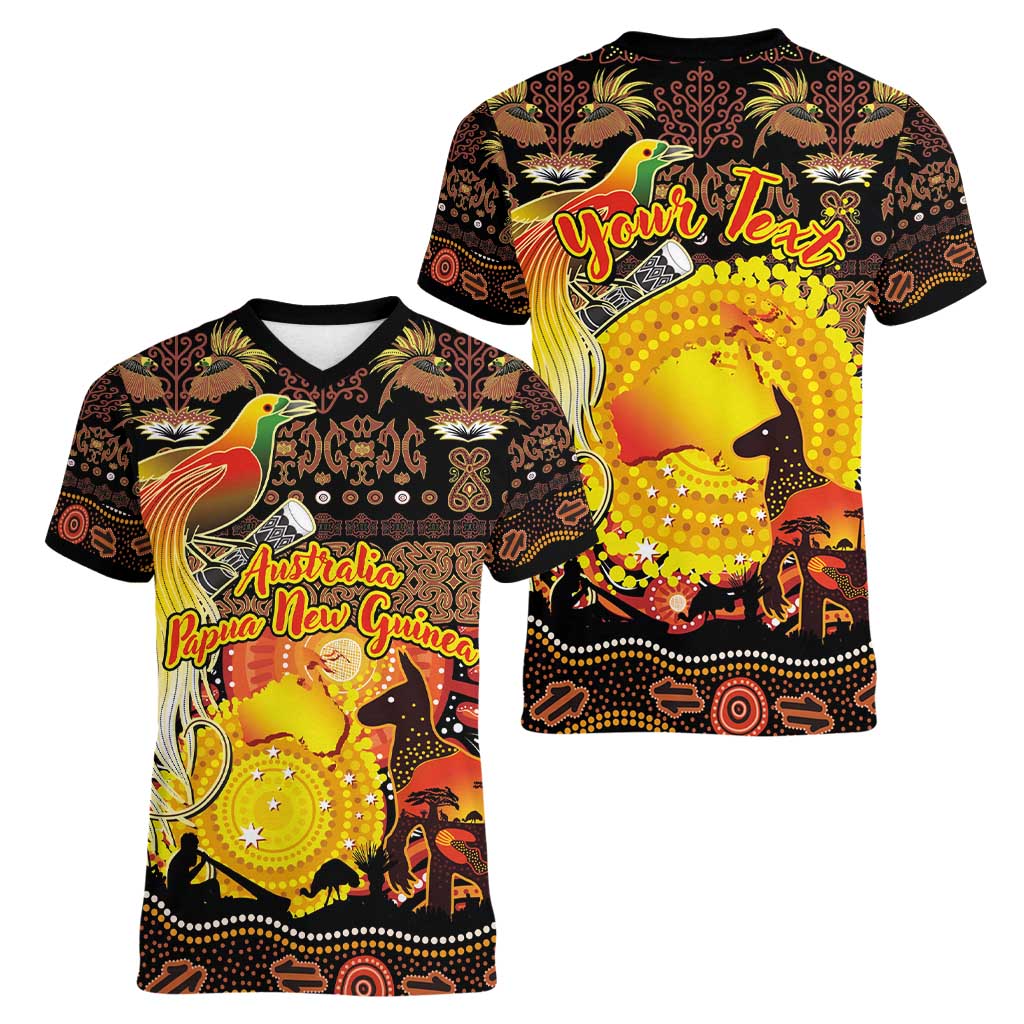 Personalized Australia and Papua New Guinea Together Women V-Neck T-Shirt Kangaroo Aboriginal Art and Bird-of-paradise Oro Tribal Motifs - Polynesian Pride
