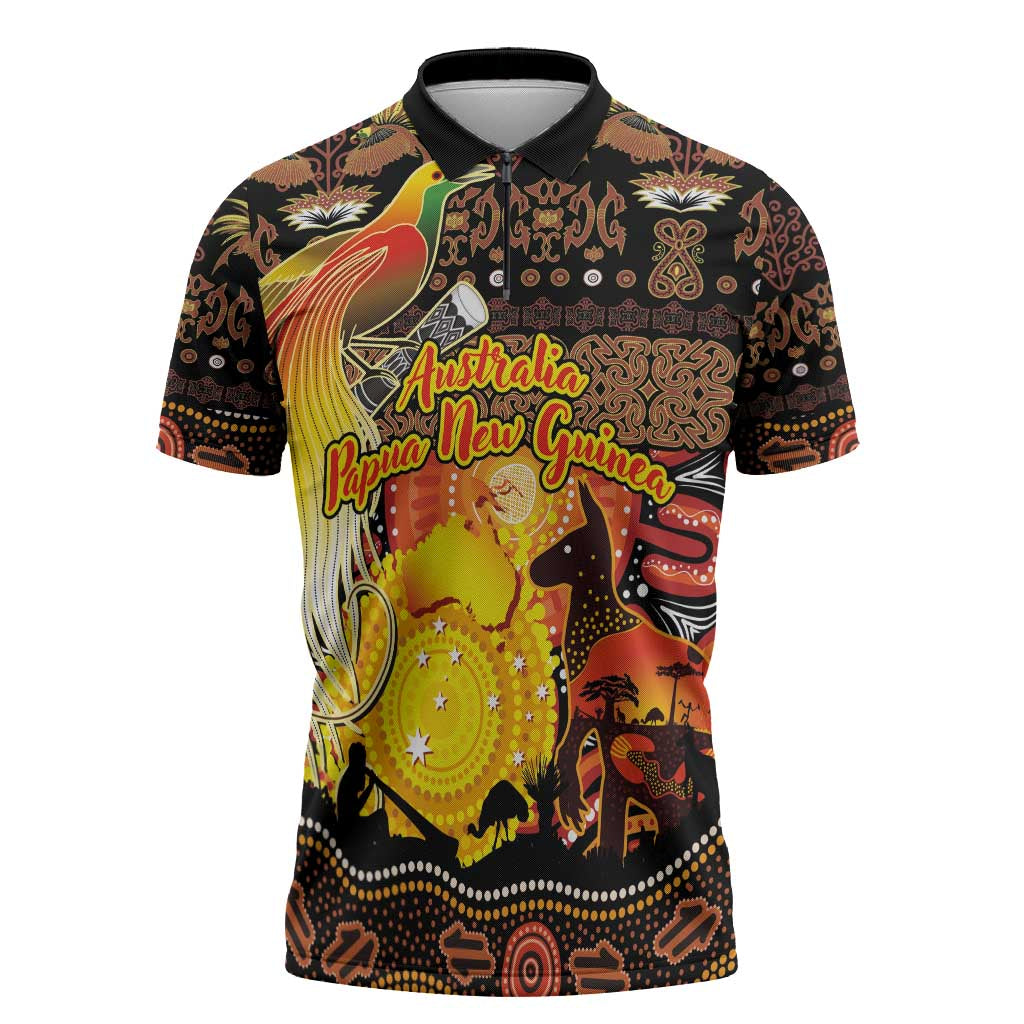 Personalized Australia and Papua New Guinea Together Zipper Polo Shirt Kangaroo Aboriginal Art and Bird-of-paradise Oro Tribal Motifs - Polynesian Pride