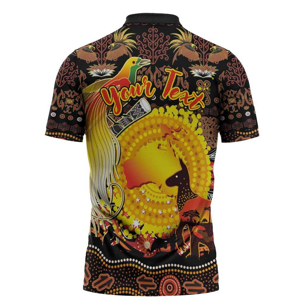 Personalized Australia and Papua New Guinea Together Zipper Polo Shirt Kangaroo Aboriginal Art and Bird-of-paradise Oro Tribal Motifs - Polynesian Pride