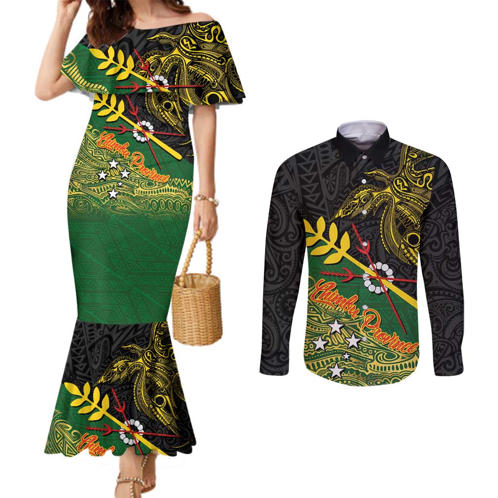 Personalized Chimpu Province Papua New Guinea Couples Matching Mermaid Dress and Long Sleeve Button Shirt Bird-of-paradise Art Tattoo and Melanesian Motifs - Polynesian Pride