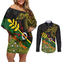 Personalized Chimpu Province Papua New Guinea Couples Matching Off Shoulder Short Dress and Long Sleeve Button Shirt Bird-of-paradise Art Tattoo and Melanesian Motifs - Polynesian Pride