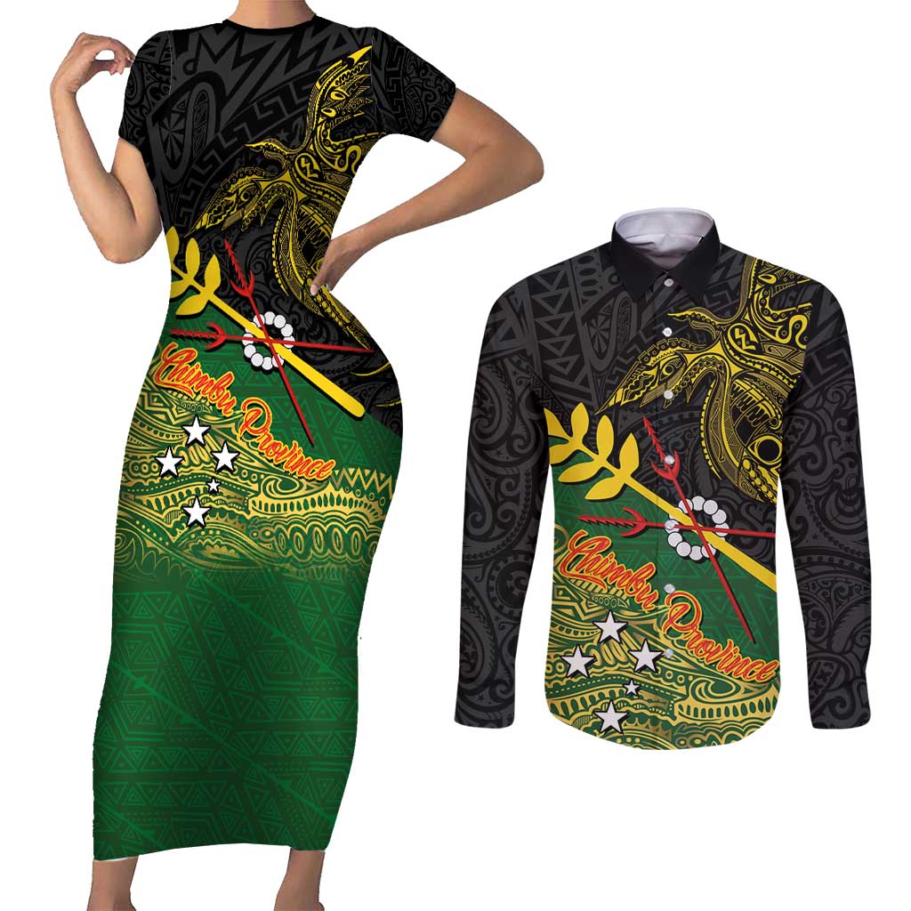 Personalized Chimpu Province Papua New Guinea Couples Matching Short Sleeve Bodycon Dress and Long Sleeve Button Shirt Bird-of-paradise Art Tattoo and Melanesian Motifs - Polynesian Pride