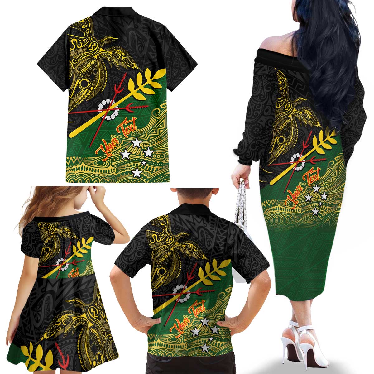Personalized Chimpu Province Papua New Guinea Family Matching Off The Shoulder Long Sleeve Dress and Hawaiian Shirt Bird-of-paradise Art Tattoo and Melanesian Motifs - Polynesian Pride