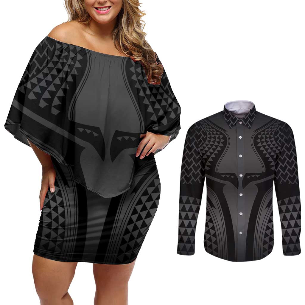 Hawaiian Kakau Art Tattoos Aquaman Style Couples Matching Off Shoulder Short Dress and Long Sleeve Button Shirt Special Edition - Polynesian Pride