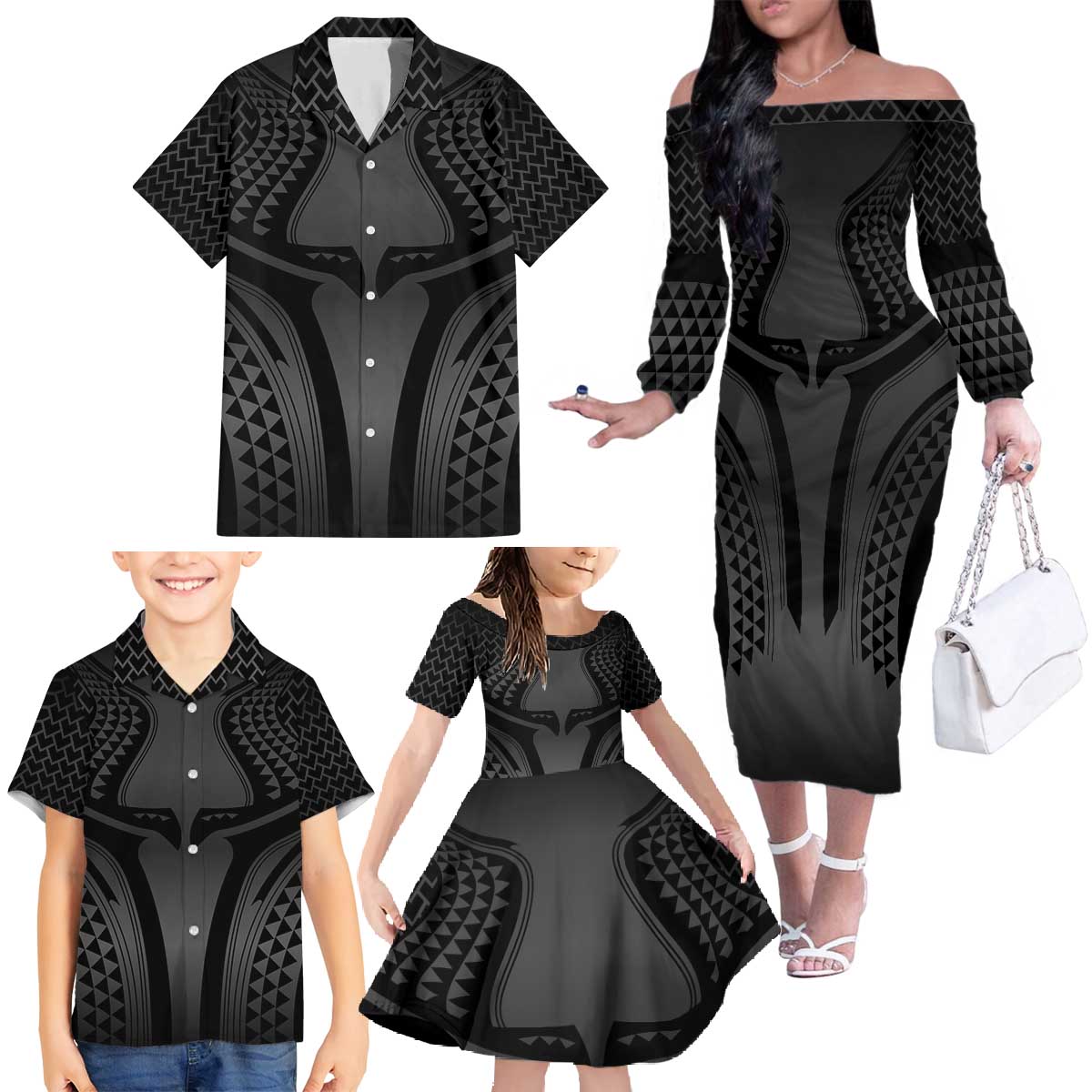 Hawaiian Kakau Art Tattoos Aquaman Style Family Matching Off The Shoulder Long Sleeve Dress and Hawaiian Shirt Special Edition - Polynesian Pride