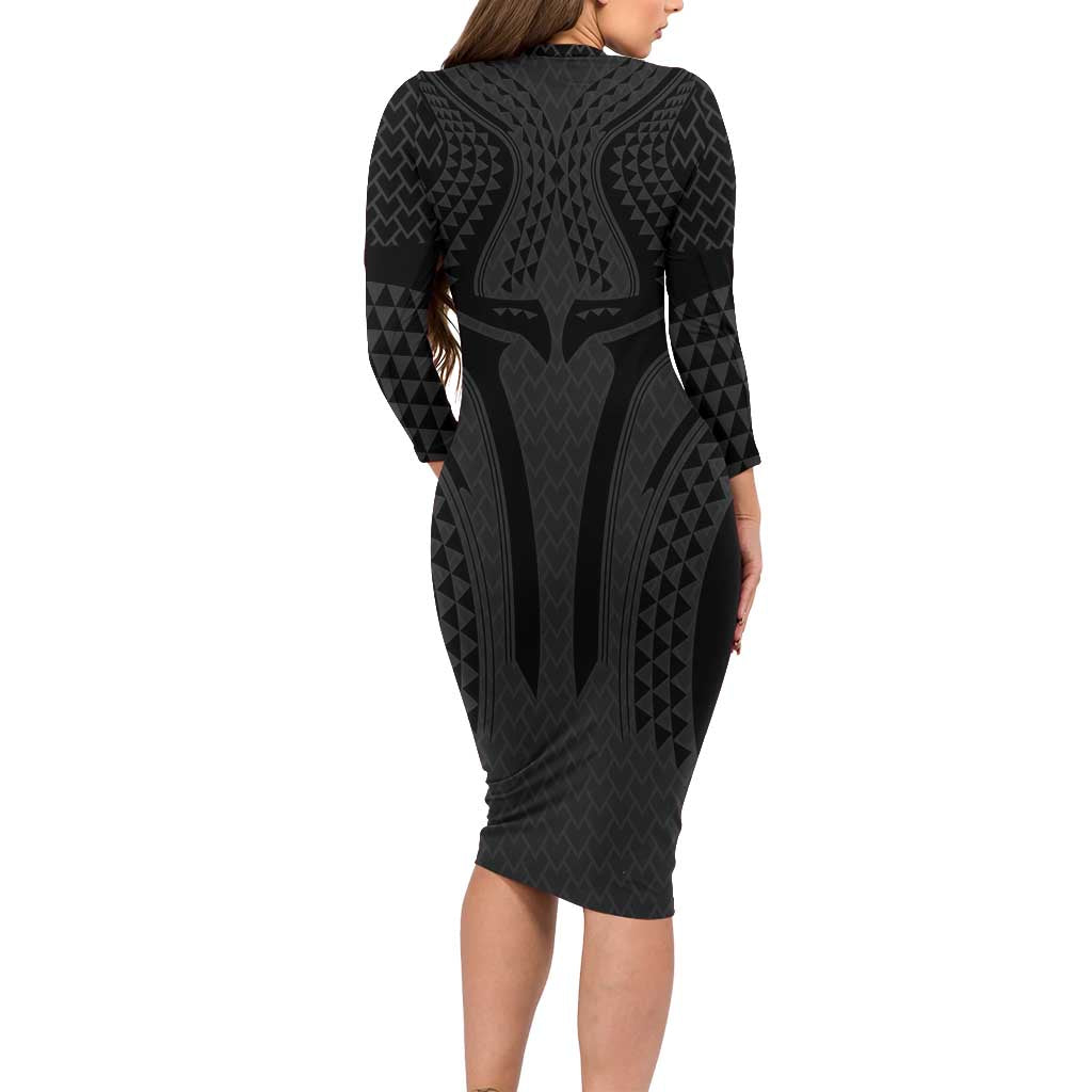 Hawaiian Kakau Art Tattoos Aquaman Style Long Sleeve Bodycon Dress Black Version - Polynesian Pride