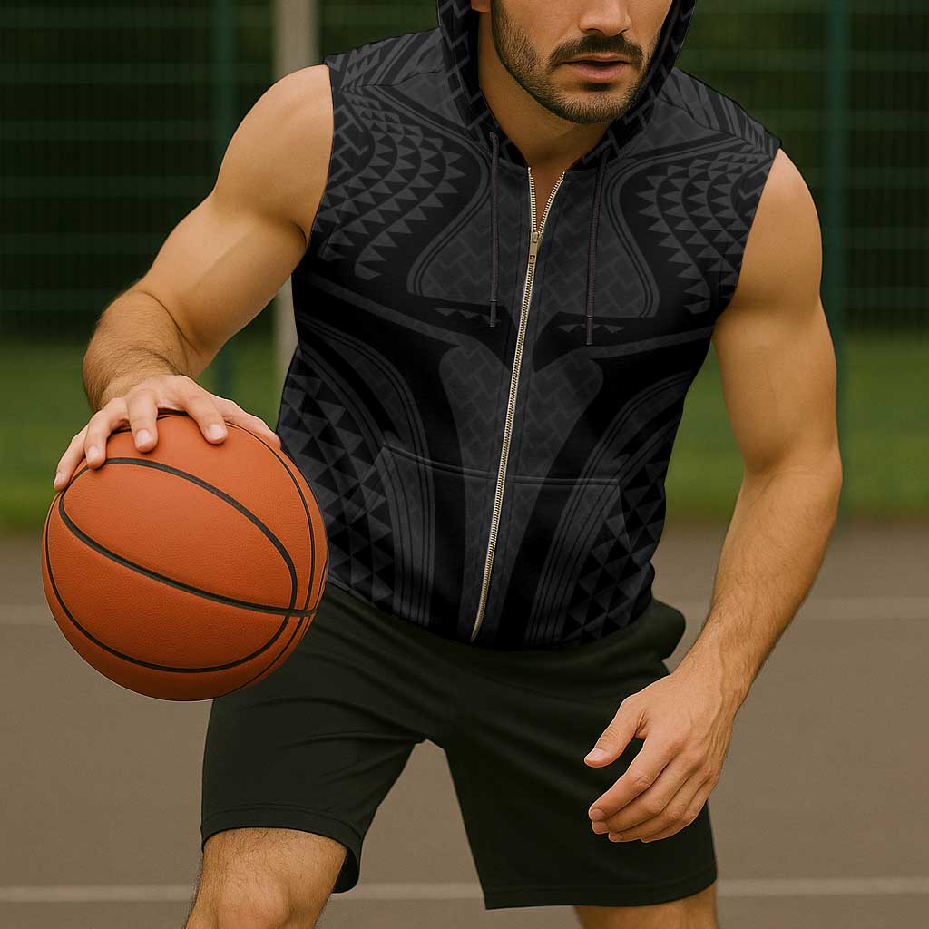 Hawaiian Kakau Art Tattoos Aquaman Style Sleeveless Zip Hoodie Black Version - Polynesian Pride