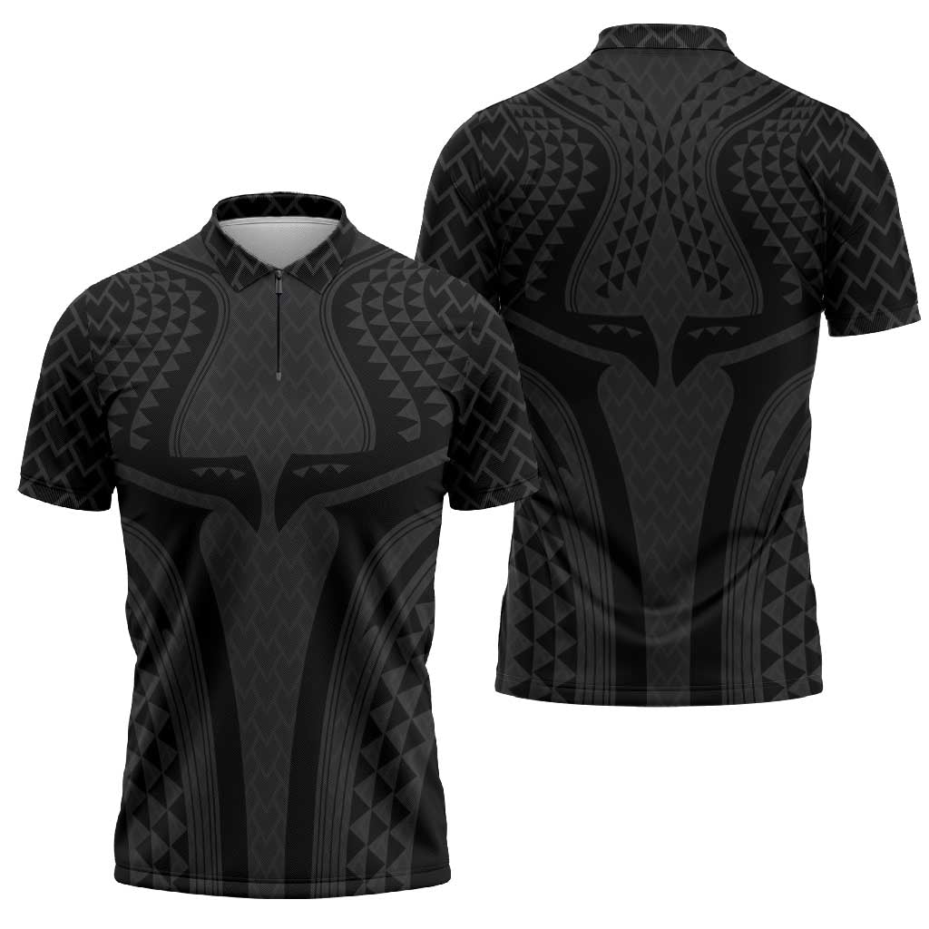 Hawaiian Kakau Art Tattoos Aquaman Style Zipper Polo Shirt Black Version - Polynesian Pride