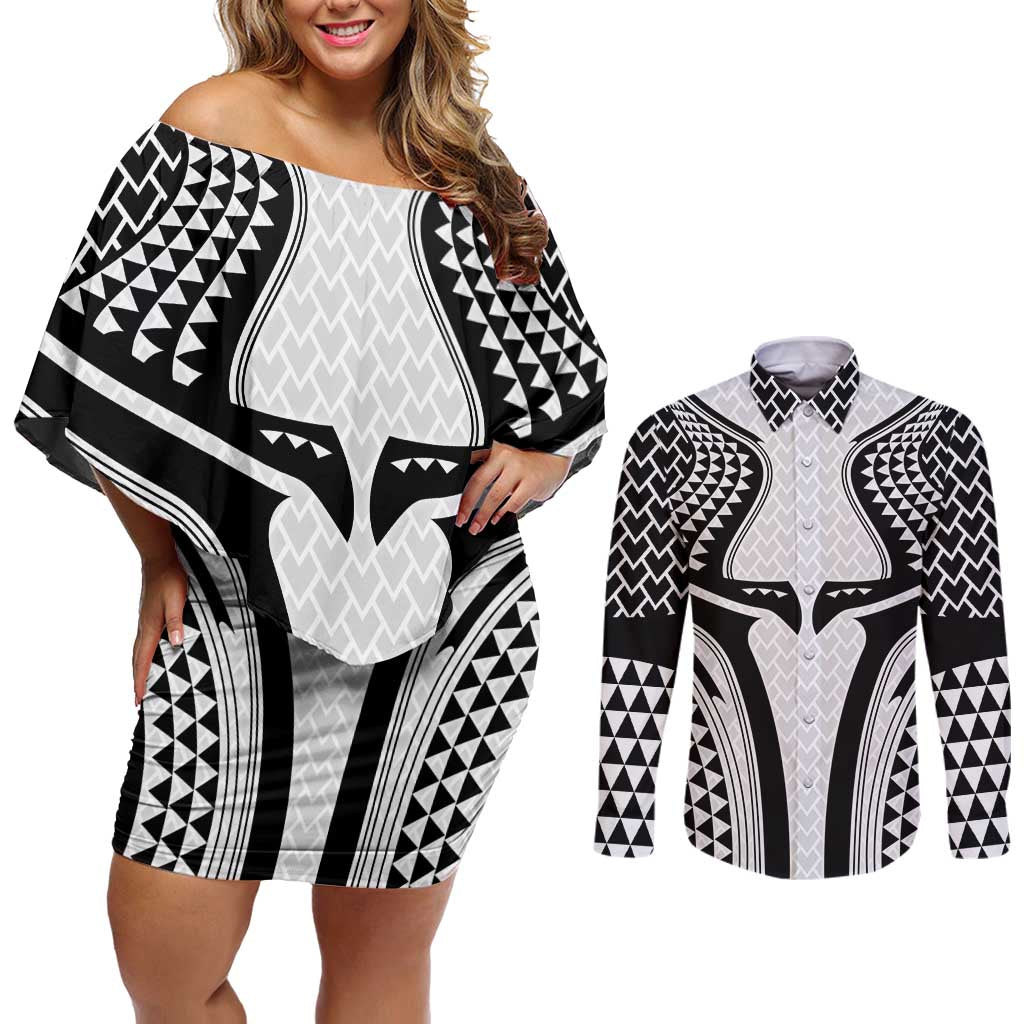 Hawaiian Kakau Art Tattoos Aquaman Style Couples Matching Off Shoulder Short Dress and Long Sleeve Button Shirt White Version - Polynesian Pride