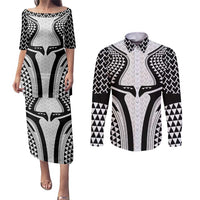 Hawaiian Kakau Art Tattoos Aquaman Style Couples Matching Puletasi and Long Sleeve Button Shirt White Version - Polynesian Pride