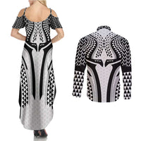 Hawaiian Kakau Art Tattoos Aquaman Style Couples Matching Summer Maxi Dress and Long Sleeve Button Shirt White Version - Polynesian Pride
