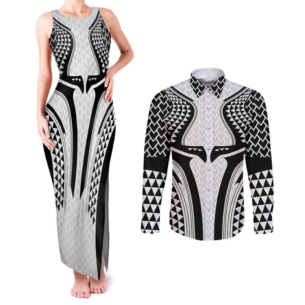 Hawaiian Kakau Art Tattoos Aquaman Style Couples Matching Tank Maxi Dress and Long Sleeve Button Shirt White Version - Polynesian Pride