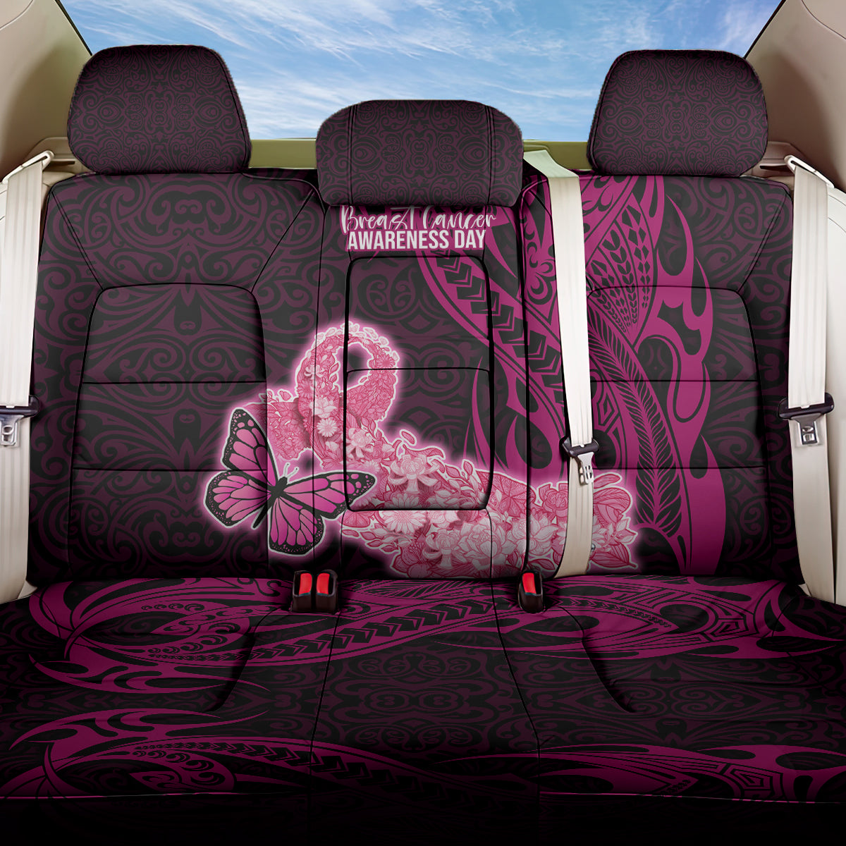 Polynesia Breast Cancer Back Car Seat Cover Butterfly and Flowers Ribbon Maori Tattoo Ethnic Black Style