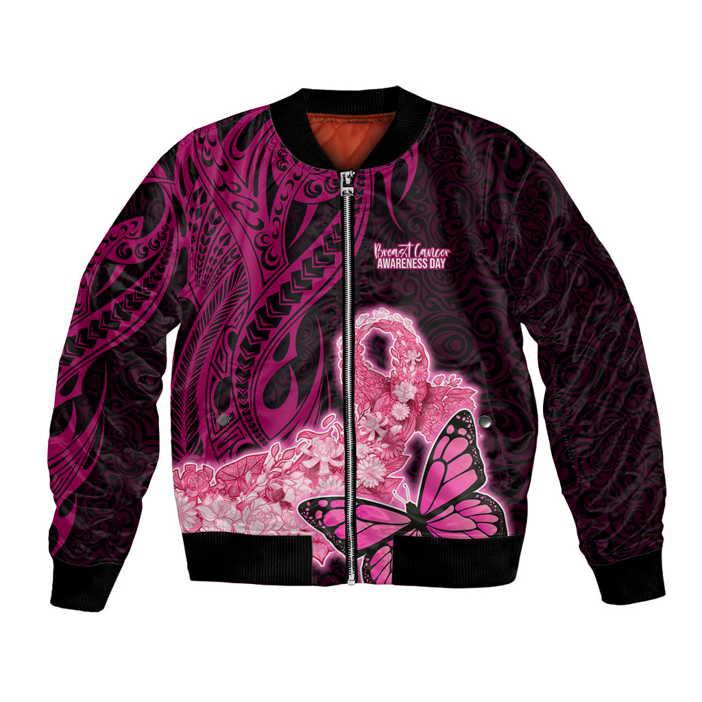 Polynesia Breast Cancer Bomber Jacket Butterfly and Flowers Ribbon Maori Tattoo Ethnic Black Style LT03 Unisex Black - Polynesian Pride