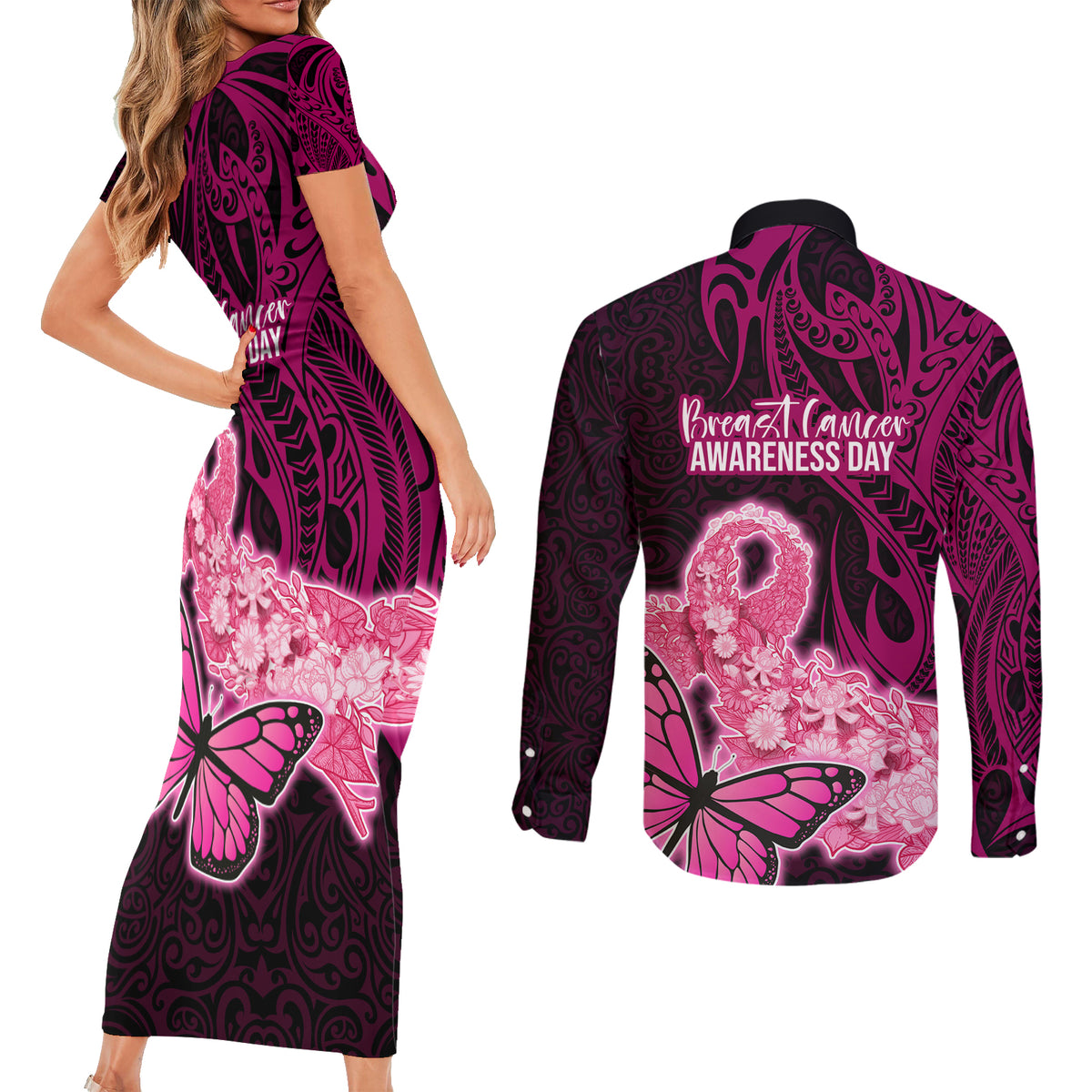 Polynesia Breast Cancer Couples Matching Short Sleeve Bodycon Dress and Long Sleeve Button Shirts Butterfly and Flowers Ribbon Maori Tattoo Ethnic Black Style LT03 - Polynesian Pride