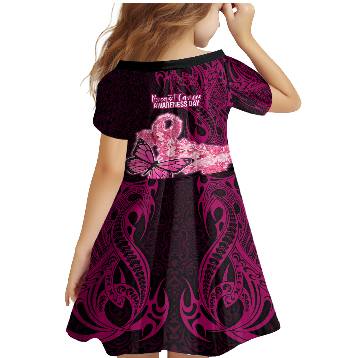 Polynesia Breast Cancer Family Matching Mermaid Dress and Hawaiian Shirt Butterfly and Flowers Ribbon Maori Tattoo Ethnic Black Style LT03 - Polynesian Pride