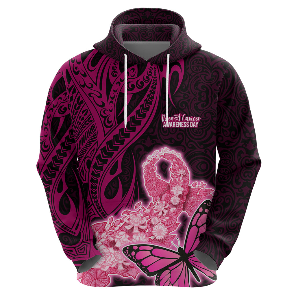 Polynesia Breast Cancer Hoodie Butterfly and Flowers Ribbon Maori Tattoo Ethnic Black Style LT03 - Polynesian Pride
