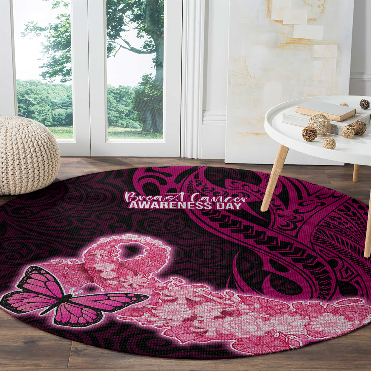 Polynesia Breast Cancer Round Carpet Butterfly and Flowers Ribbon Maori Tattoo Ethnic Black Style LT03 - Polynesian Pride