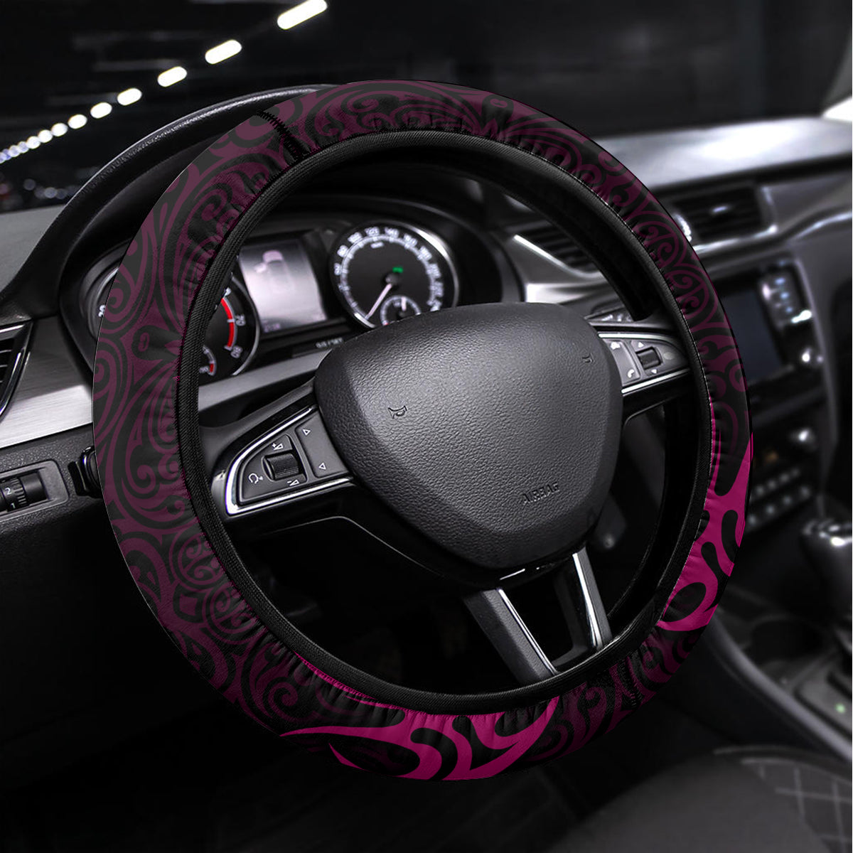 Polynesia Breast Cancer Steering Wheel Cover Butterfly and Flowers Ribbon Maori Tattoo Ethnic Black Style