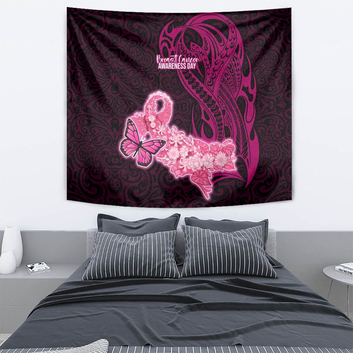 Polynesia Breast Cancer Tapestry Butterfly and Flowers Ribbon Maori Tattoo Ethnic Black Style LT03 - Polynesian Pride