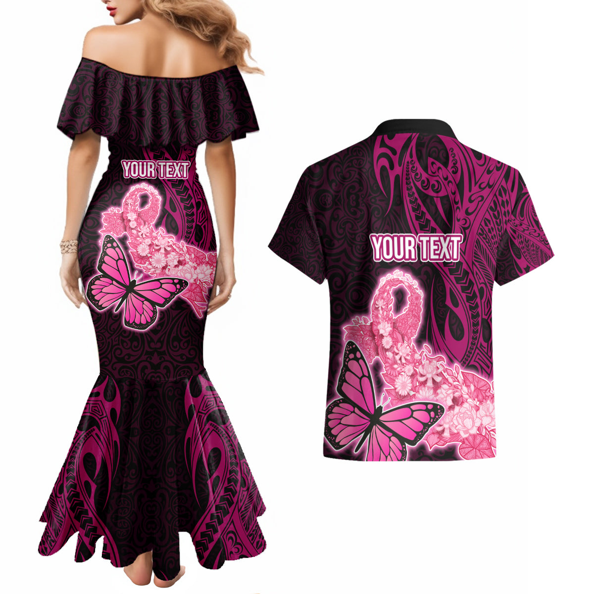 Custom Polynesia Breast Cancer Couples Matching Mermaid Dress and Hawaiian Shirt Butterfly and Flowers Ribbon Maori Tattoo Ethnic Black Style LT03 - Polynesian Pride