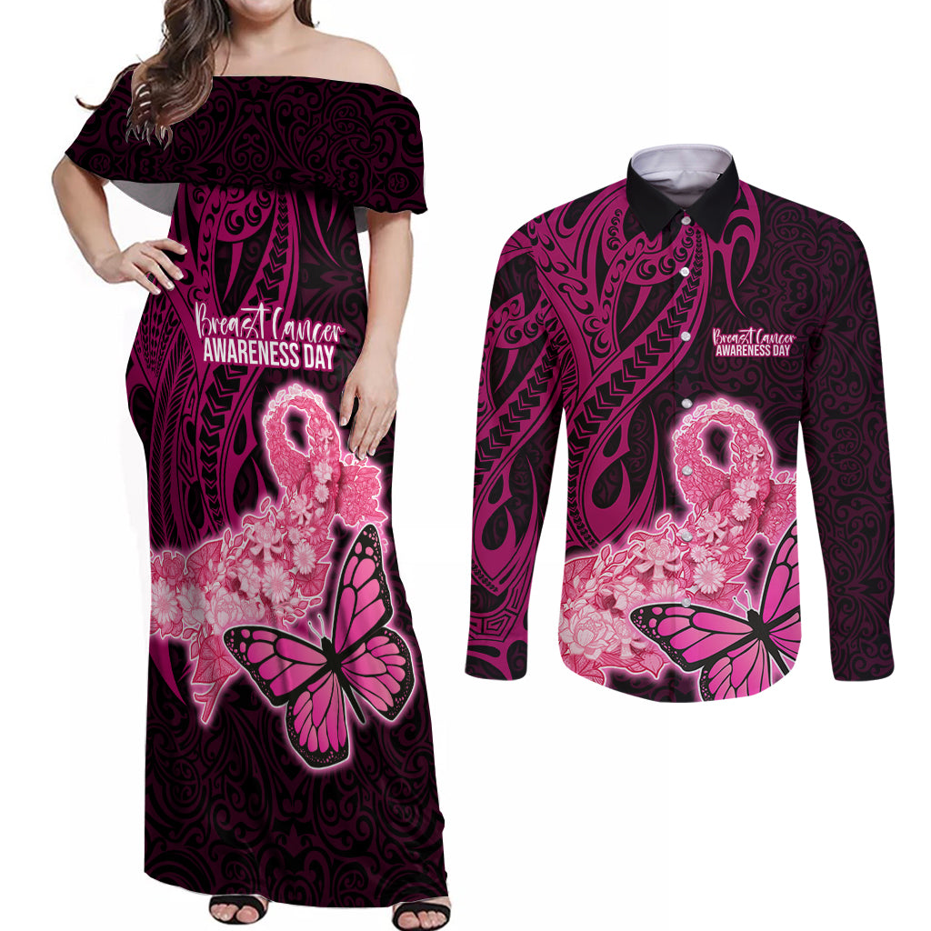 Custom Polynesia Breast Cancer Couples Matching Off Shoulder Maxi Dress and Long Sleeve Button Shirts Butterfly and Flowers Ribbon Maori Tattoo Ethnic Black Style LT03 Black - Polynesian Pride