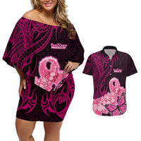 Custom Polynesia Breast Cancer Couples Matching Off Shoulder Short Dress and Hawaiian Shirt Butterfly and Flowers Ribbon Maori Tattoo Ethnic Black Style LT03 Black - Polynesian Pride