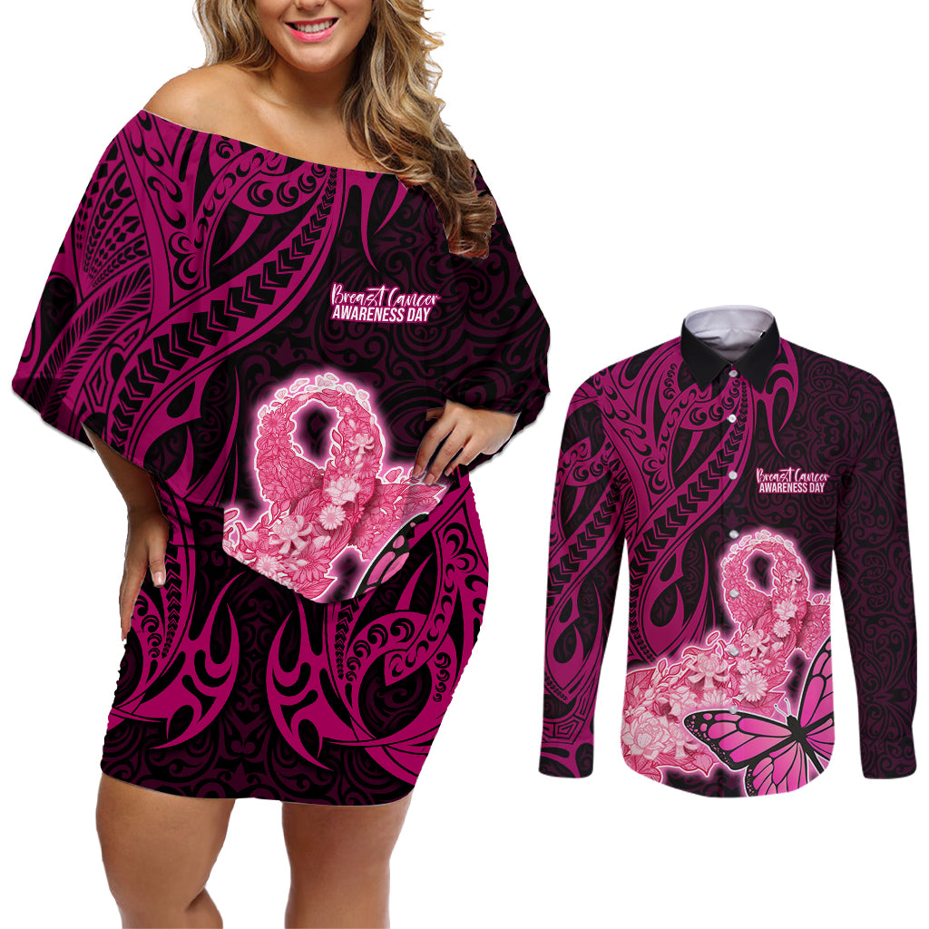 Custom Polynesia Breast Cancer Couples Matching Off Shoulder Short Dress and Long Sleeve Button Shirts Butterfly and Flowers Ribbon Maori Tattoo Ethnic Black Style LT03 Black - Polynesian Pride