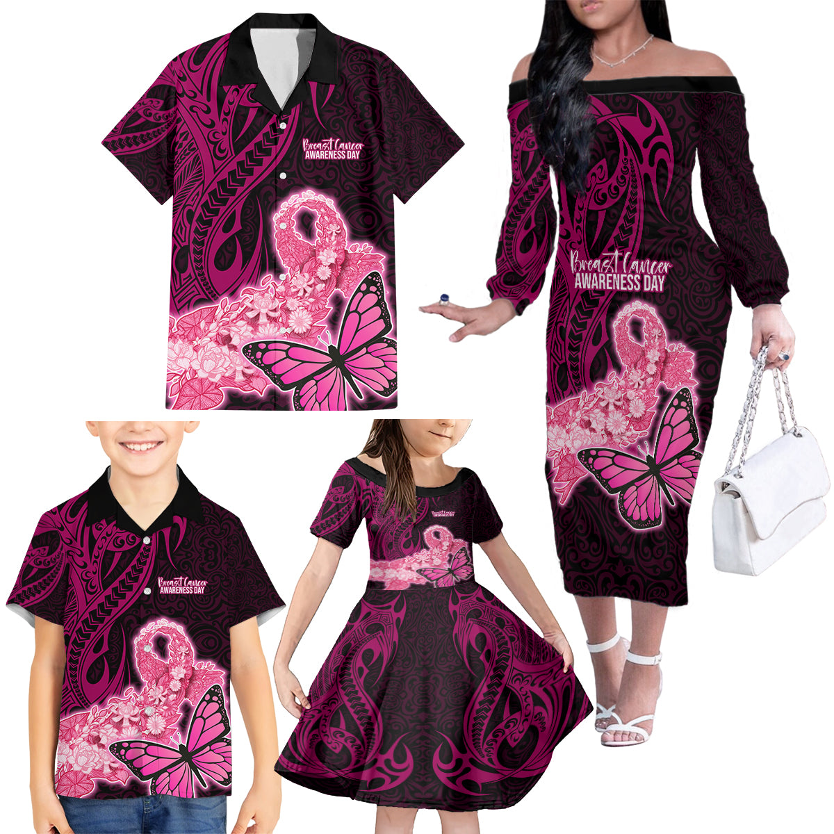 Custom Polynesia Breast Cancer Family Matching Off Shoulder Long Sleeve Dress and Hawaiian Shirt Butterfly and Flowers Ribbon Maori Tattoo Ethnic Black Style LT03 - Polynesian Pride