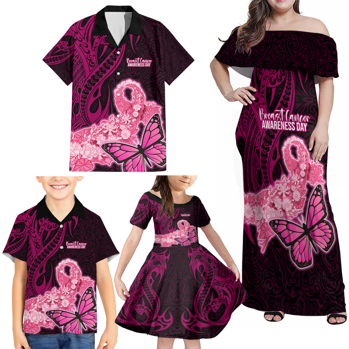 Custom Polynesia Breast Cancer Family Matching Off Shoulder Maxi Dress and Hawaiian Shirt Butterfly and Flowers Ribbon Maori Tattoo Ethnic Black Style LT03 - Polynesian Pride