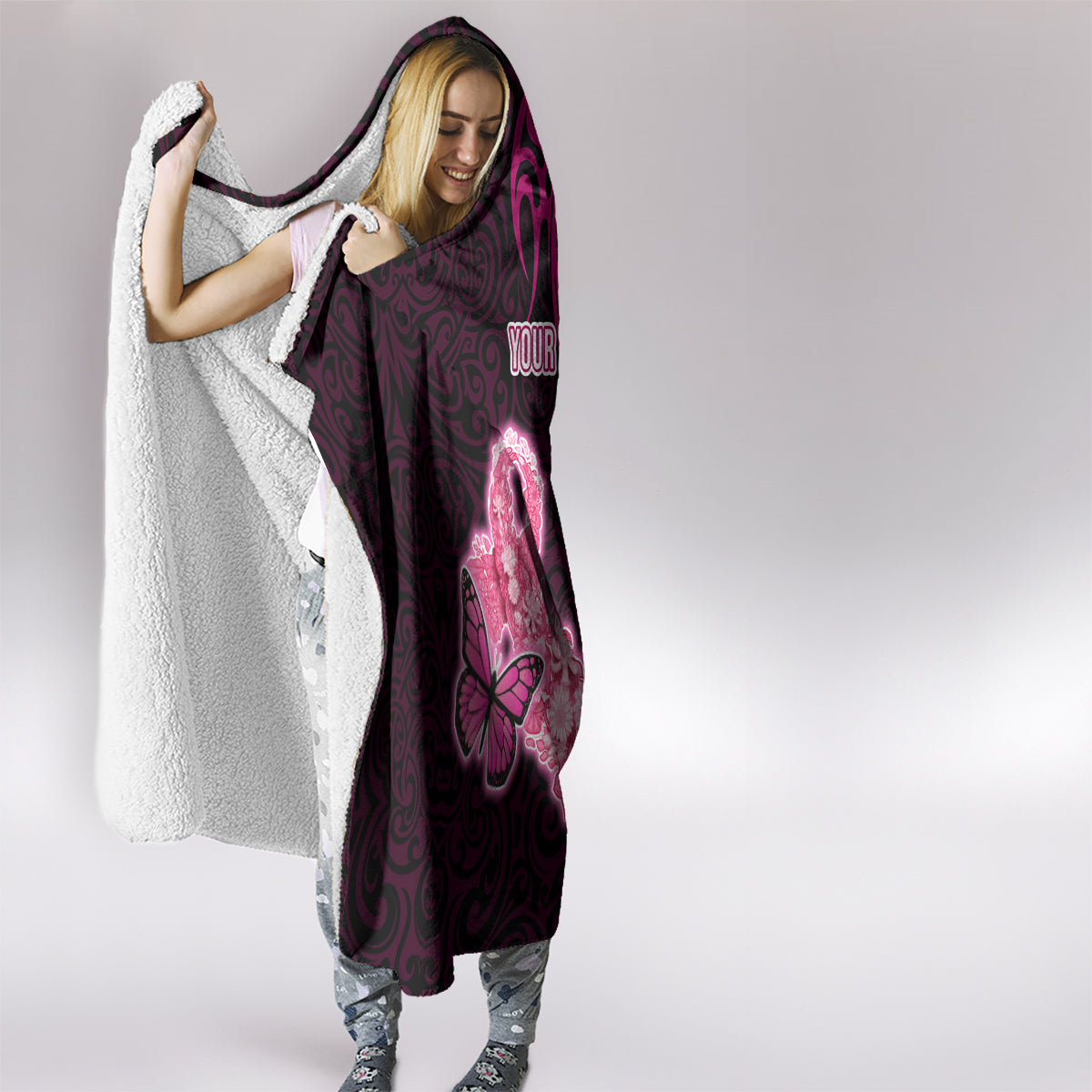 Custom Polynesia Breast Cancer Hooded Blanket Butterfly and Flowers Ribbon Maori Tattoo Ethnic Black Style LT03 - Polynesian Pride