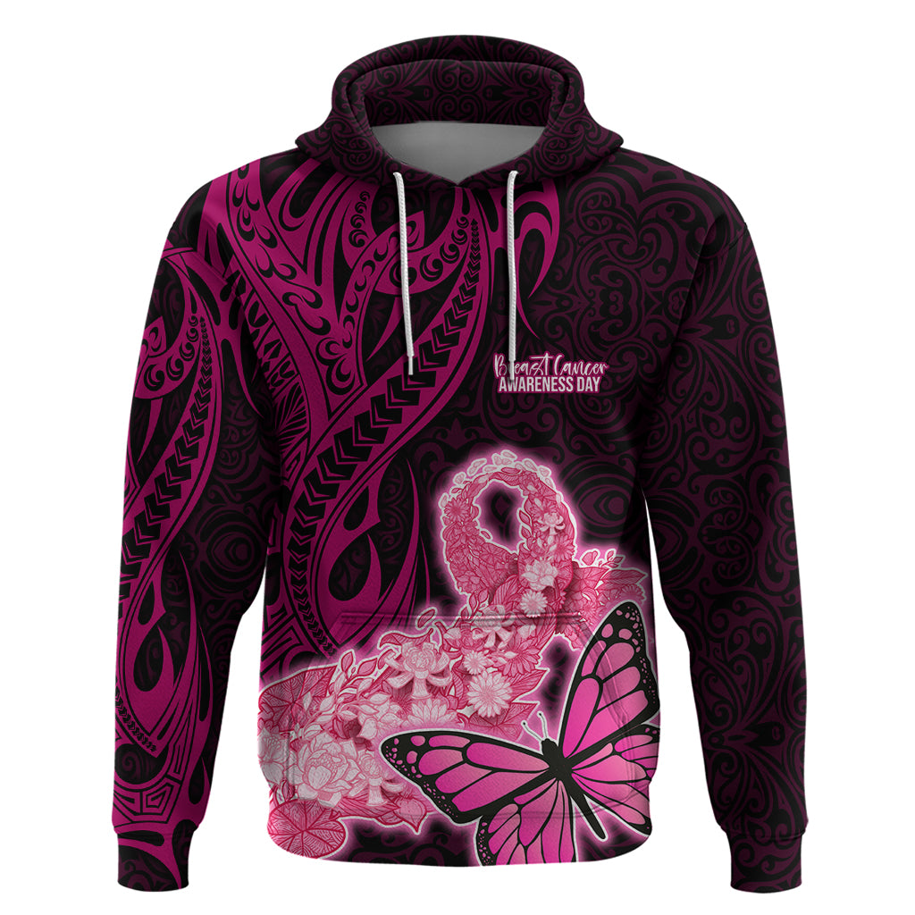 Custom Polynesia Breast Cancer Hoodie Butterfly and Flowers Ribbon Maori Tattoo Ethnic Black Style LT03 Pullover Hoodie Black - Polynesian Pride