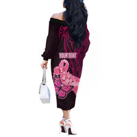 Custom Polynesia Breast Cancer Off The Shoulder Long Sleeve Dress Butterfly and Flowers Ribbon Maori Tattoo Ethnic Black Style LT03 - Polynesian Pride