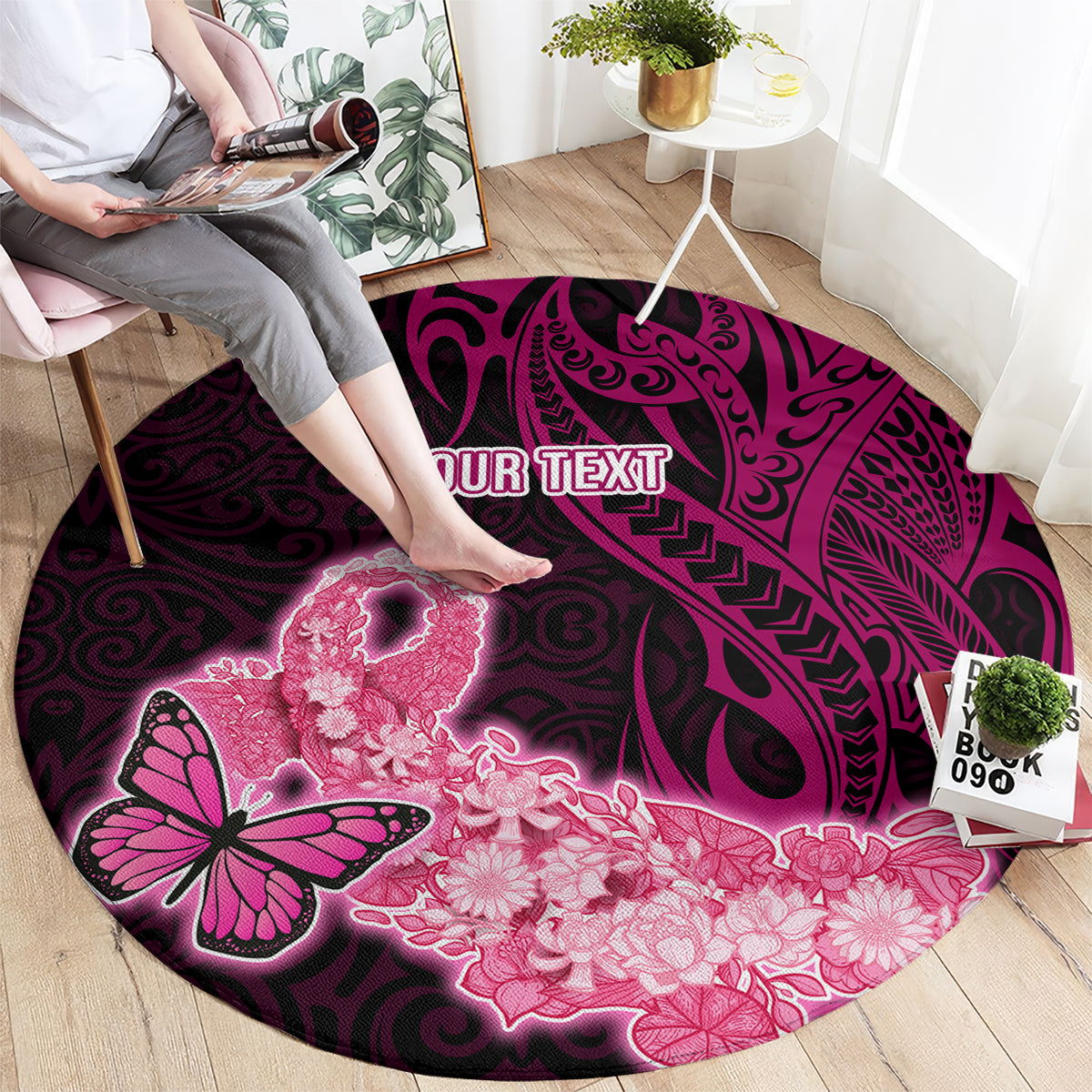 Custom Polynesia Breast Cancer Round Carpet Butterfly and Flowers Ribbon Maori Tattoo Ethnic Black Style LT03 - Polynesian Pride