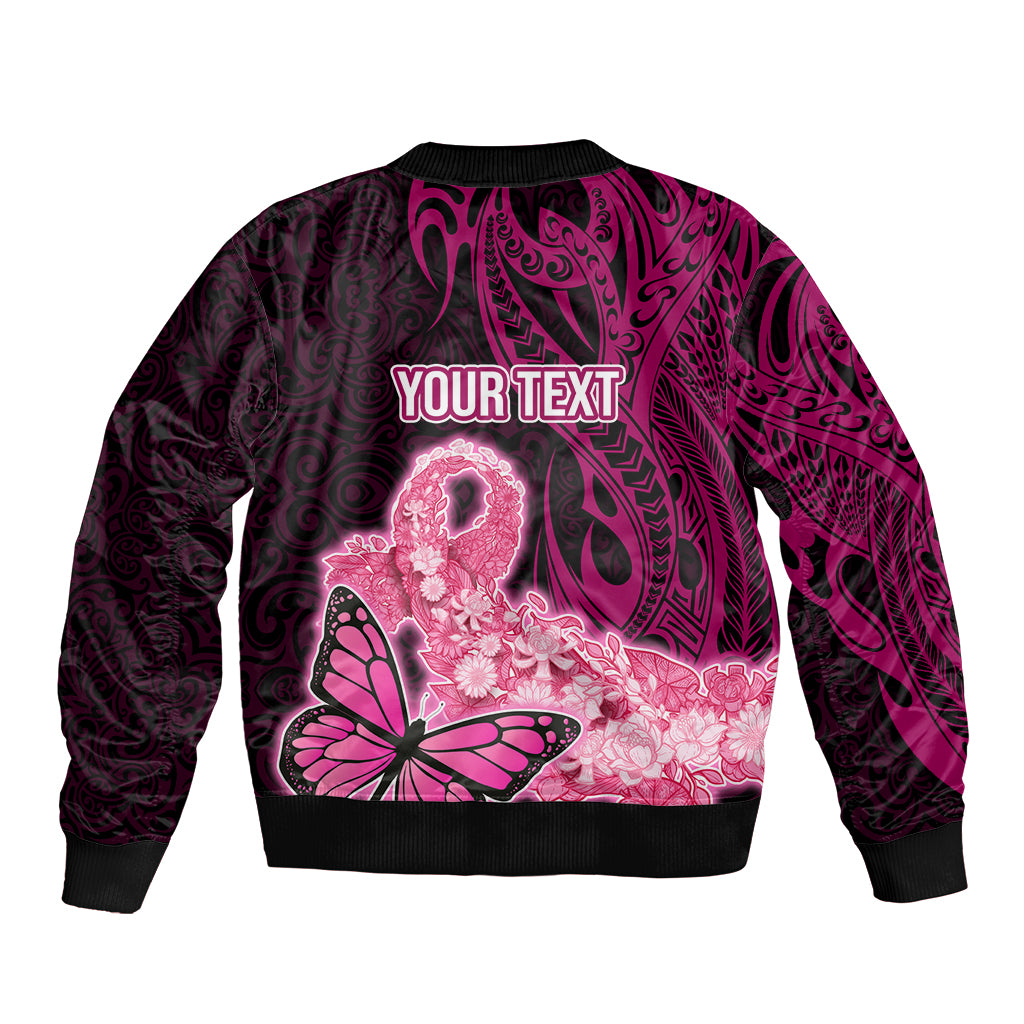 Custom Polynesia Breast Cancer Sleeve Zip Bomber Jacket Butterfly and Flowers Ribbon Maori Tattoo Ethnic Black Style LT03 - Polynesian Pride