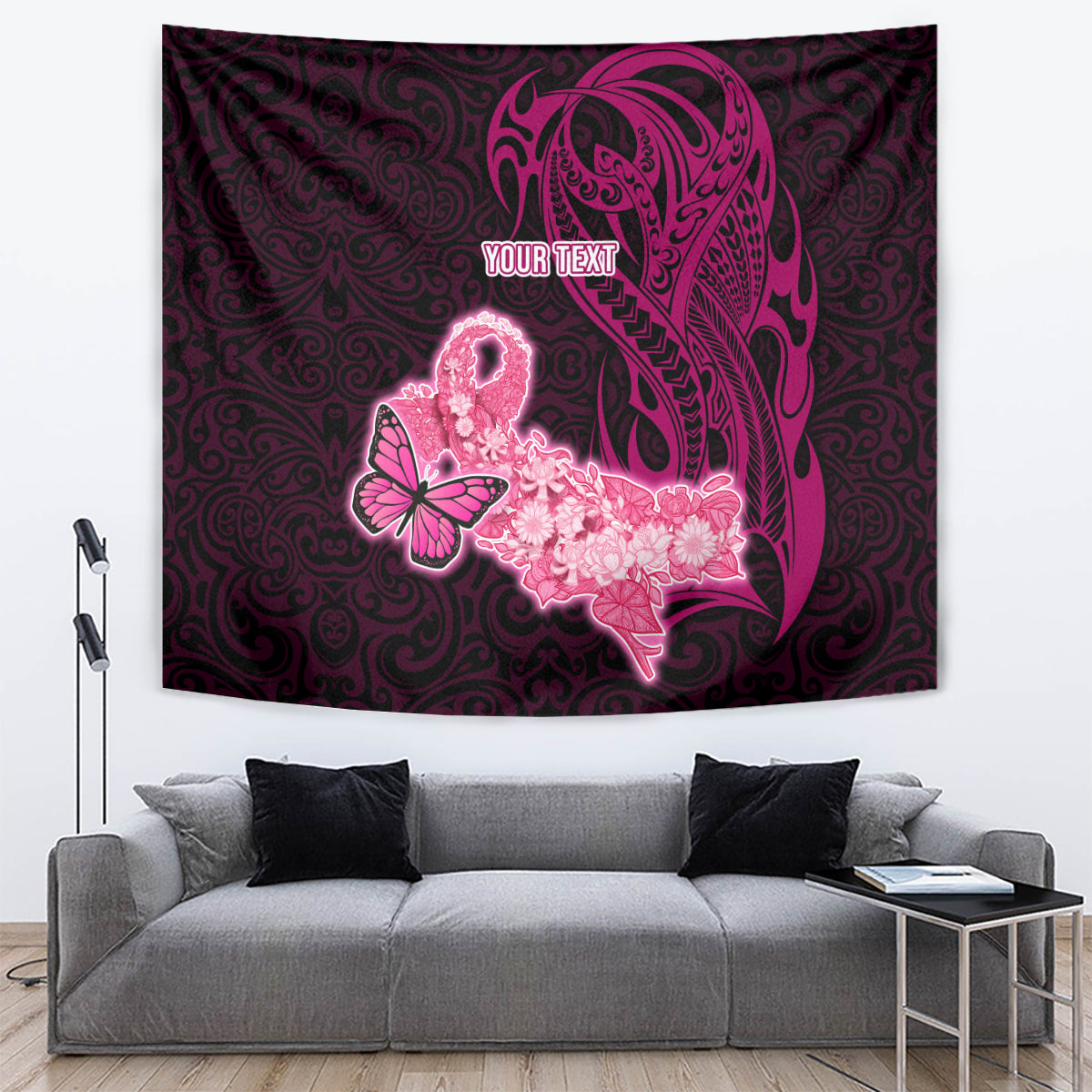 Custom Polynesia Breast Cancer Tapestry Butterfly and Flowers Ribbon Maori Tattoo Ethnic Black Style LT03 - Polynesian Pride
