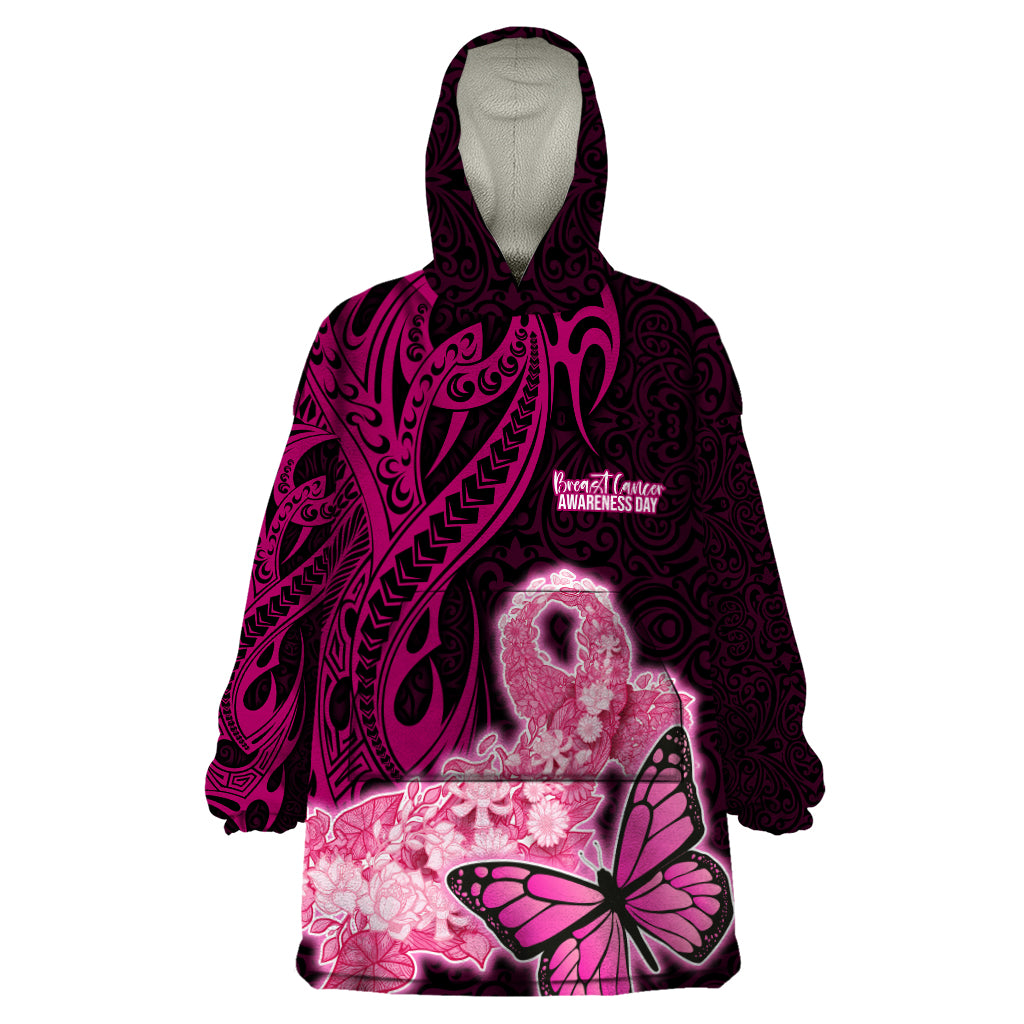 Custom Polynesia Breast Cancer Wearable Blanket Hoodie Butterfly and Flowers Ribbon Maori Tattoo Ethnic Black Style LT03 One Size Black - Polynesian Pride