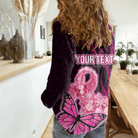 Custom Polynesia Breast Cancer Women Casual Shirt Butterfly and Flowers Ribbon Maori Tattoo Ethnic Black Style LT03 - Polynesian Pride