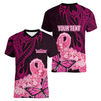 Custom Polynesia Breast Cancer Women V Neck T Shirt Butterfly and Flowers Ribbon Maori Tattoo Ethnic Black Style LT03 - Polynesian Pride