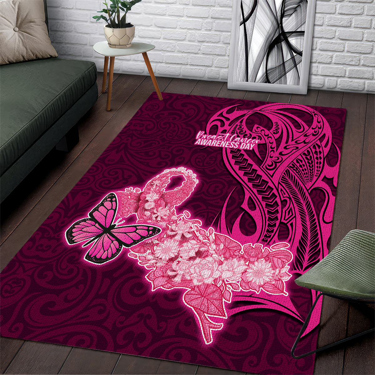 Polynesia Breast Cancer Area Rug Butterfly and Flowers Ribbon Maori Tattoo Ethnic Pink Style LT03 Pink - Polynesian Pride