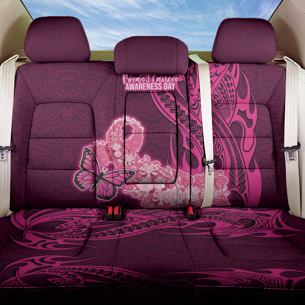 Polynesia Breast Cancer Back Car Seat Cover Butterfly and Flowers Ribbon Maori Tattoo Ethnic Pink Style